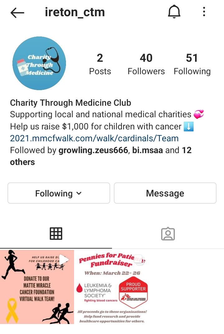 A picture of the Charity Through Medicine Club Instagram account